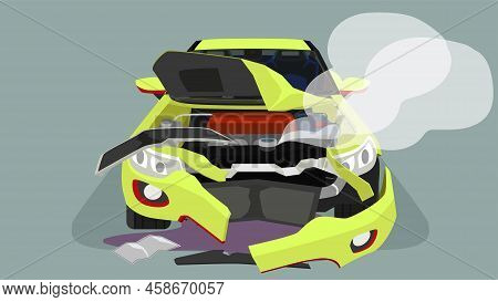 Accident Of A Passenger Car. Bonnet Was Opened And The Front Was Severely Damaged. With Smoke Coming
