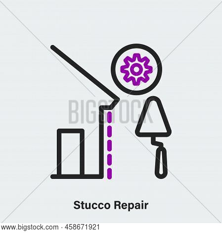 Vector Linear Icon Of Stucco Repair On Light Grey Background. Isolated Contour Of House Wall And Too