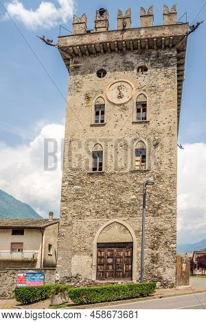 Tirano,italy - June 22,2022 - View At The Old Tower In The Streets Of Tirano. Tirano Is A Town In Va