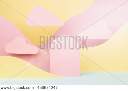 Funny Children Abstract Stage - Arch Podium Mockup, Mountain Landscape, Sun Beam Glare, Clouds, Pink