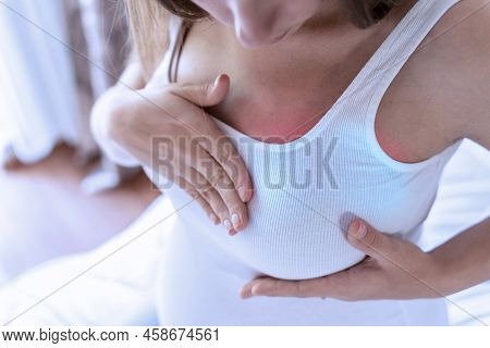 Breast Pain Self Exam. Young Pregnancy Woman Examining Breast For Signs Lumps. Breast Self Exam. Hea
