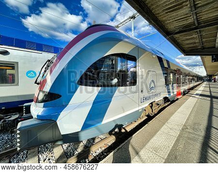 Annecy, France - October 22 2021 : A Modern New Swiss Rer Train Linking Geneva With The Regional At 