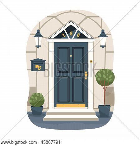 Front House Door. Entrance, Doorway Exterior. Facade With Entry, Potted Street Plants, Doorsteps, La