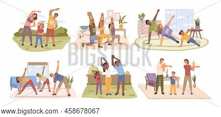 Parents And Children Developing Body Physically, Isolated Dad And Mom With Kids Doing Exercises. Wor