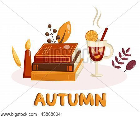 Vector Flat Illustration Of A Book And Mulled Wine. Autumn Cozy Illustration. Autumn Greeting Card