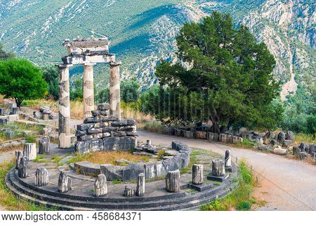 Ruins Of An Ancient Greek Temple Of Athena At Delphi, Greece