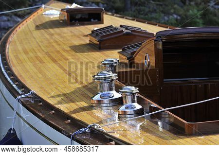 Beautiful Harmonious Antique Classic Wooden Sailboat Yacht In Scandinavia Stockholm Archipelago