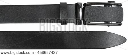 Ends Of Black Leather Belt With Automatic Buckle Isolated On White Background