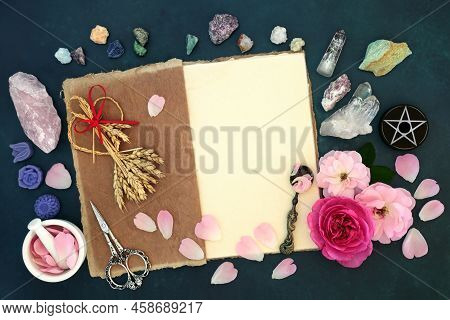 Pagan Magical Occult Crystal Healing With Crystals, Rose Flowers, Corn Dolly, Hemp Notebook For Magi
