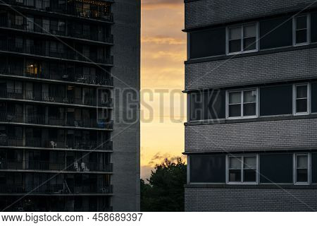 Aerial View Of Prospect Avenue Between Two Apartment Buildings And Beautiful Sky At Sunset, Hackensa