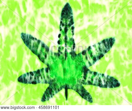 Tie Dye Element In Marijuana Leaf Shape. Hand Painted Color Element On Green Tie-dye Background. Con