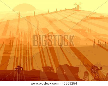 Abstraktní ilustrace vesnice v západu slunce paprsky.
