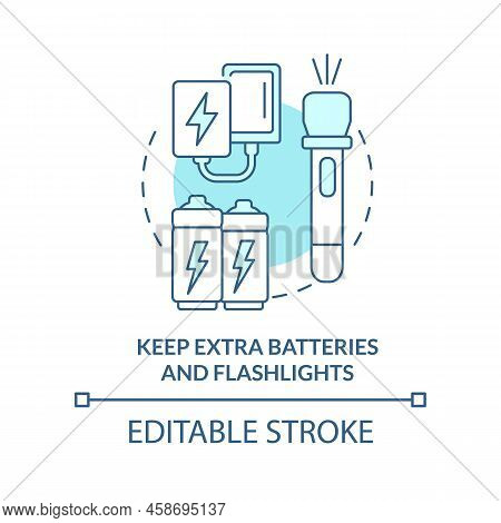 Keep Extra Batteries And Flashlights Turquoise Concept Icon. Flood Safety Measure Abstract Idea Thin