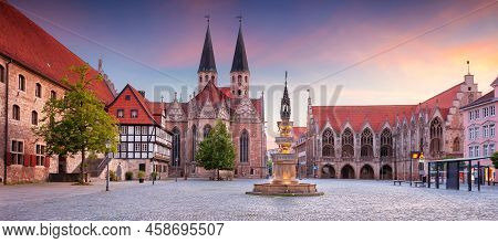 Brunswick, Germany. Panoramic Cityscape Image Of Historical Downtown Of Brunswick, Germany With St. 