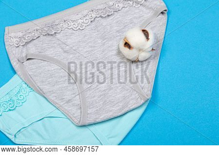 Clothes For Children In The Form Of Panties On A Blue Background. Clothes For Children From Soft Fab