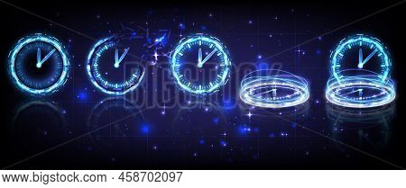 Time Machine, Fade, Timer And Deadline. Sci-fi Digital Time Collection In Glowing Hud Elements Clock
