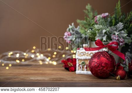 Christmas Greenting Card, Winter Decoration, Wooden Background, Bokeh Lights