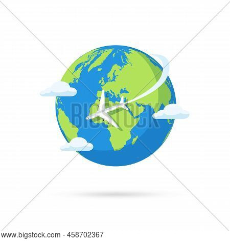 Plane Flying Over The World Isolated On White Background. Travel Concept. Vector Stock