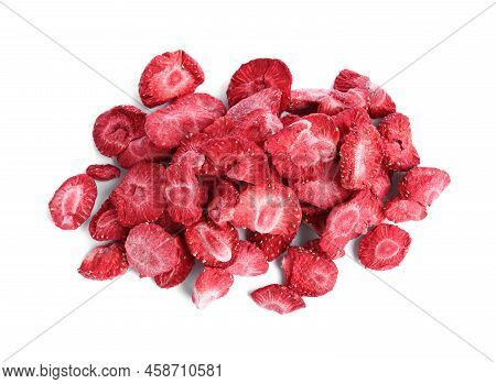 Pile Of Freeze Dried Strawberries On White Background, Top View