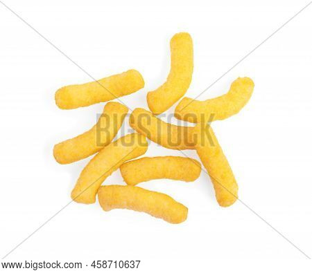 Tasty Cheesy Corn Puffs Isolated On White, Top View