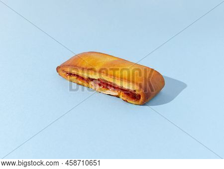 Lanche Misto Traditional Portuguese Sandwich With Cheese And Chorizo. Tasty Breakfast Over Blue Back