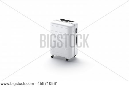 Blank White Suitcase Mockup Stand, Side View, 3d Rendering. Empty Travel Handbag Or Luggage For Airp