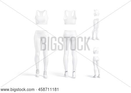 Blank White Women Sport Uniform Mockup, Different Views, 3d Rendering. Empty Bra, Leggies And Footwe