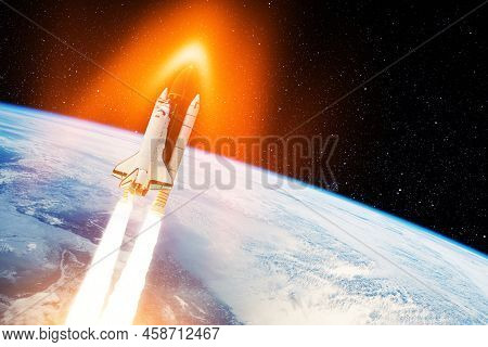 Spaceship Lift Off. Glowing Space Shuttle With Smoke And Blast Takes Off Into The Starry Sky. Rocket