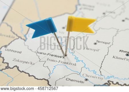 Mykolaiv, Ukraine - November 09, 2020: Ivano-frankivsk City Marked With Push Pins On Contour Map Of 