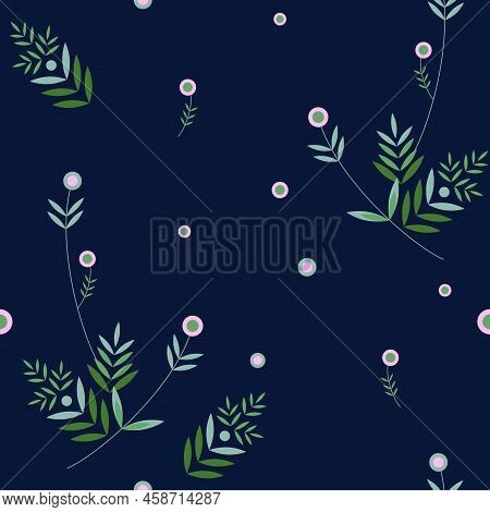 Vector Seamless Pattern, Delicate Flowers, Pink, Dark Blue, Mint Colors