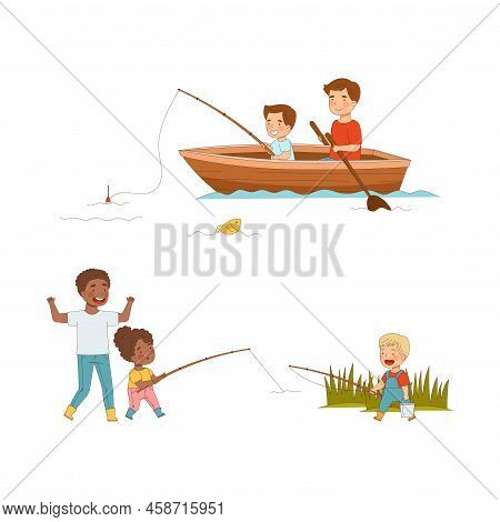 Dads And Children Fishing Together Set. Fathers And Kids Fishing With Rods Vector Illustration