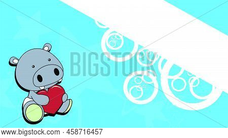 Sitting Chibi Baby Hippo Character Cartoon Holding Love Red Heart, Background Illustration In Vector