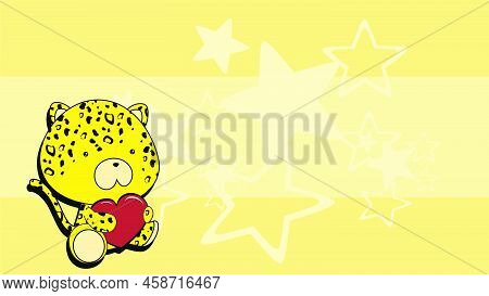 Sitting Chibi Baby Leopard Character Cartoon Holding Love Red Heart, Background Illustration In Vect