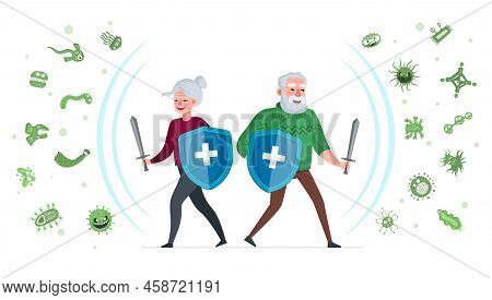 Elderly Health Care And Epidemiology Concept. Old Man And Senior Woman With Shields Protect From Vir