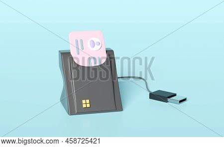 3d Smart Card Reader, External Usb Card Reader, Id Card Icon Isolated On Blue Background. 3d Render 