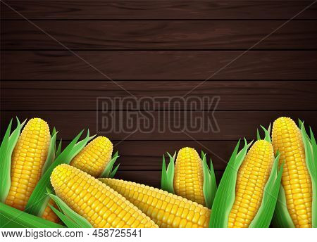 Realistic Detailed 3d Whole Sweet Organic Corn Cob On Brown Wooden Background Card Wallpaper. Vector