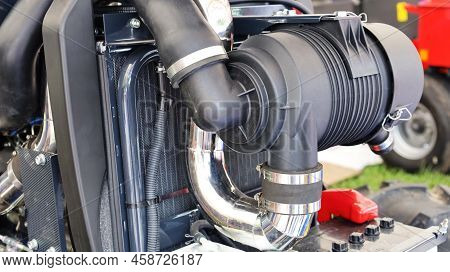 Tractor Air Filter. Closeup Air Filter Set With Black Plastic Pipes For Agricultural Vehicles Mounte