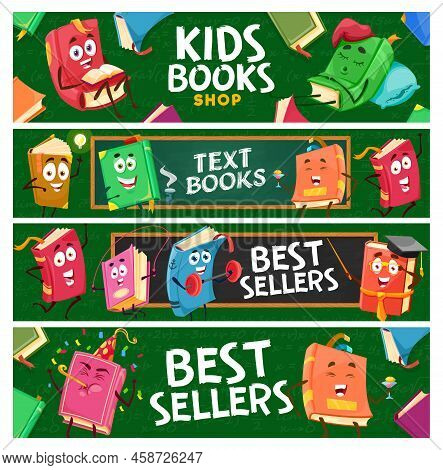 Kids Books, Textbooks And Bestsellers. Cartoon Characters Of Cute And Happy Books, Vector Personages