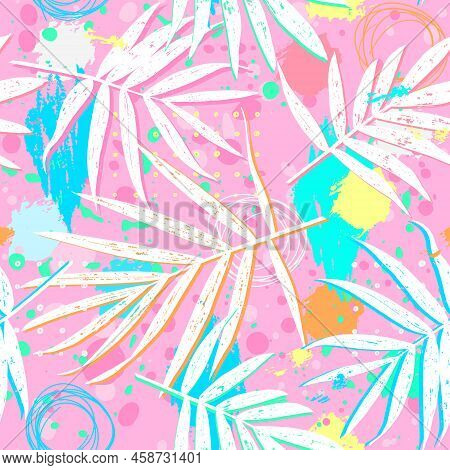 Grunge Leaves Pattern. Tropical Foliage Background. Tropic Flora. Exotic Leaf. Leaves Fabric Design.