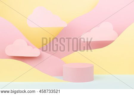 Circle Pink Podium Mockup With Abstract Mountain Landscape -  Pastel Pink, Yellow, Mint Color Slopes