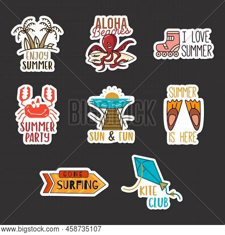 Summer Surfing Stickers Design Bundle. Travel Hand Drawn Emblems. Mountain Outdoors Labels Collectio