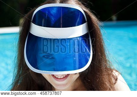 Portrait Of Woman In Retro Visor Hat. Face Of Girl In Visor Cap. Flirty Girl In Sun Visor Cap.