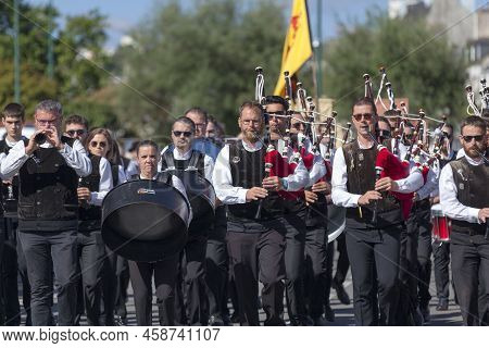 Quimper, France - July 24 2022: Musicians Of The Bagad Cap Caval From Plomeur Performing During The 