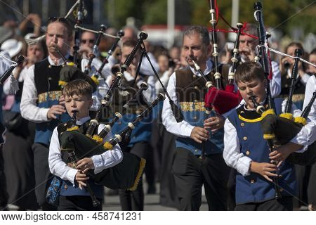 Quimper, France - July 24 2022: Musicians Of The Bagad Penhars Playing During The Cornouaille Festiv