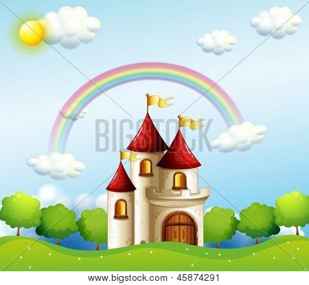 Ilustração de um castelo abaixo do arco-íris
