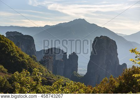 Meteora Unique And Enormous Columns Of Rock Rise Precipitously From The Ground, Beside The Pindos Mo