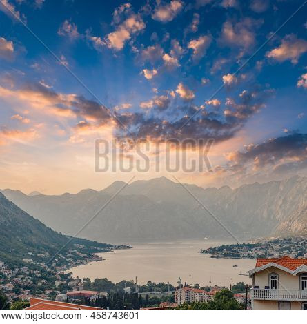 Sunset At Kotor Bay Montenegro. Sunset Beautiful Landscape. Travel Concept. Montenegro, Kotor Bay. V
