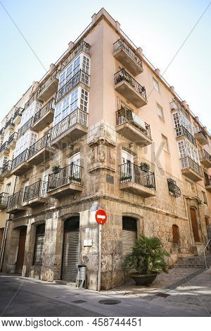 Cartagena, Murcia, Spain- July 18, 2022: Beautiful Facade Of Antique House Of The Duke Of Najera In 