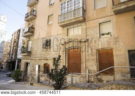 Cartagena, Murcia, Spain- July 18, 2022: Beautiful Facade Of Antique House Of The Duke Of Najera In 
