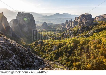 The View On Kalabaka Valley During Sunset From Miraculous Monastery On Rock Formation, Meteora, Gree